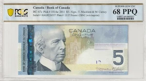 Canada 2011 5 Dollars Certified PCGS Banknote UNC 68 PPQ Pick BC-67c - Picture 1 of 2