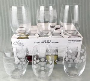 Mikasa Cheers Etched Stemless Wine Glasses Fine Lead-Free Crystal Set of 6 - Picture 1 of 11
