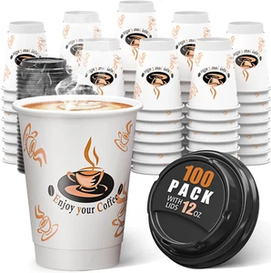 100 Pack 12 Oz Double Wall Disposable Paper Coffee Cups with Lids, Insulated to - Picture 1 of 7