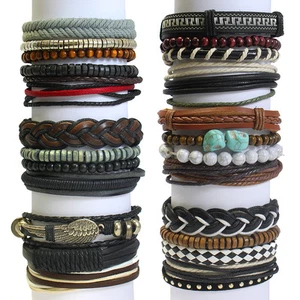 Men's Stacked Leather Bracelet Surfer Multi Row Layer Stack Wristband - Picture 1 of 290