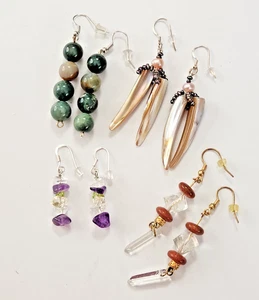 Lot of 4 pr Pierced Earrings Goldstone Amethyst Abalone Nephrite Peridot Glass - Picture 1 of 9