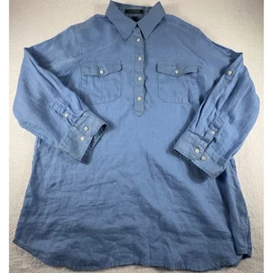 Lauren Ralph Shirt Women's L Linen Roll Tab Sleeve Blue 1/4 Button Up - Picture 1 of 5