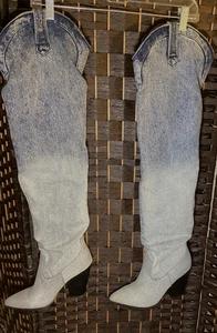 Steve Madden "Landy" Ladies Over the Knee Denim Slouch Boots Size 8M/Block Heel - Picture 1 of 11