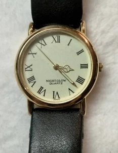 Vintage Night Glow Quartz Watch Japan Movt Roman Dial Gold Tone Leather - Bild 1 von 7