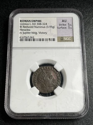 Imperio Romano Licinio I dC 308-324 BI reducido Nummus Heraclea Júpiter Victoria AU Foto 1 de 4