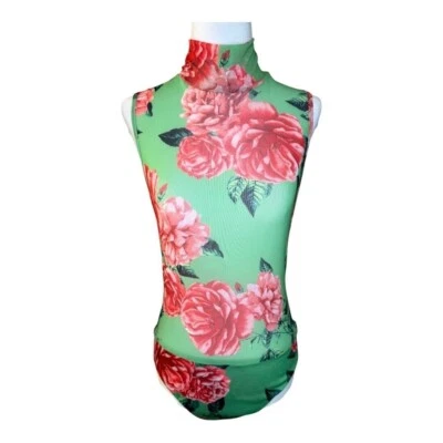 AFRM Floral Bodysuit Mock Neck Sleeveless Green Red Rose Print Size XL NWT - Image 1 of 4