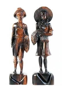 Vintage Hand Carved Dark Wood Figurines Pair Country Farmer Farm Boy Girl Wheat - Picture 1 of 12