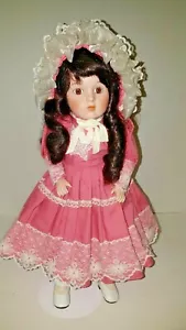15" Porcelain Doll Dark Brown Hair Brown Eyes Pink Dress - Picture 1 of 7