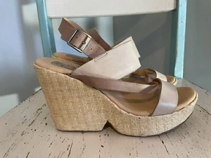 Korks by Kork Ease Womens Sz 8 Tan Leather Ankle Strap Sandals Wedge Heel Gold - Picture 1 of 10