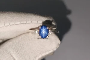 Silver Ring Blue Star Sapphire Ring 925 Silver Ring Lab Created Blue Sapphire - Picture 1 of 6