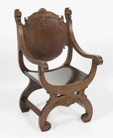 tiger oak lion head throne chair heavily carved late victorian roman chair clean Cover