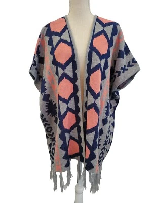 Southwestern Fringe Poncho Size L Red Camel Cardigan Aztec Short Sleeve Sweater - Image 1 of 4