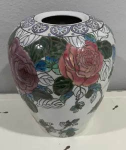 Vintage chinesische Glanzglas Stil handbemalt rosa lila Rose große Vase - Bild 1 von 9