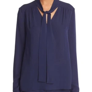 Diane Von Furstenberg Britni Long Sleeve Navy Silk Tie Blouse In Size 2 - Picture 1 of 6
