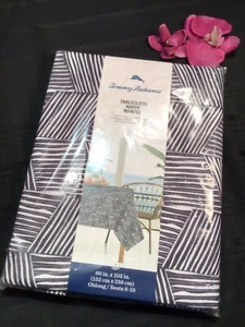 TOMMY BAHAMA  60X102 In/Outdoor Tablecloth Black White Fade & spill Resist - Picture 1 of 6