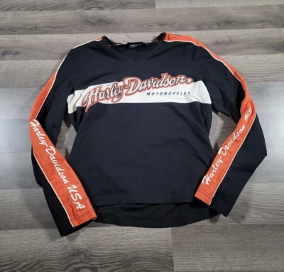 Винтажная женская футболка Harley Davidson большая черная с длинным рукавом для мотоциклов Y2K - Изображение 1 из 4