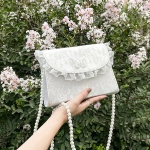 Weiße kleine Damen-Schultertasche Spitze Umhängetasche Perlenriemen Clutch Tasche - Bild 1 von 20