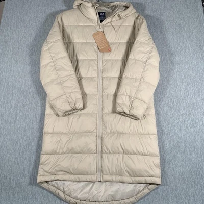 GAP Jacket Womens Small Beige Hooded Long Puffer Coat Water Resistant Primaloft - Image 1 of 4