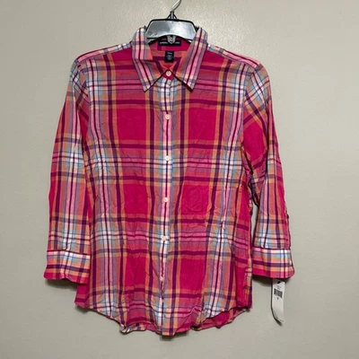 Nueva Camisa American Living Cuadros Botón Frontal Talla XS Mujer Rosa Verde Preppy Foto 1 de 4