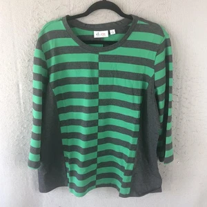 Denim & Co Shirt Womens XL Green Gray Striped Long Sleeve Cotton Stretch Tunic - Picture 1 of 12
