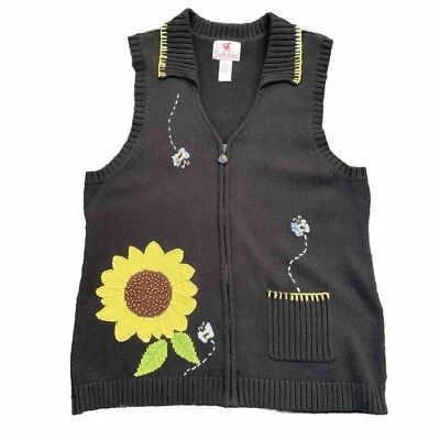 Chaleco tejido Quacker Factory para mujer talla pequeña XL negro girasol abeja primavera verano Foto 1 de 4