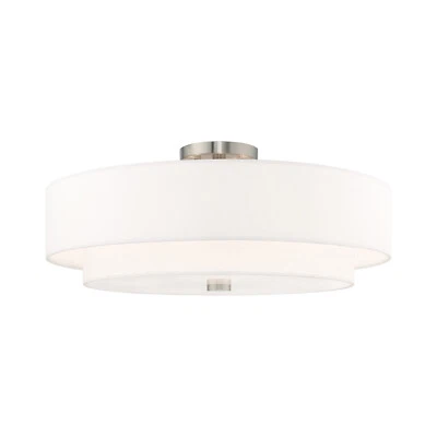 Elegant flush mount with double drum shade and off-white fabric charm - Image 1 of 4