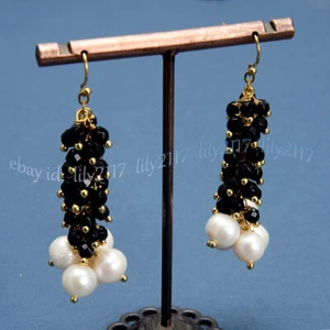 4mm Natural Faceted Black Onyx Gems 8-9mm White Pearl Gold Hook Dangle Earrings - Picture 1 of 3