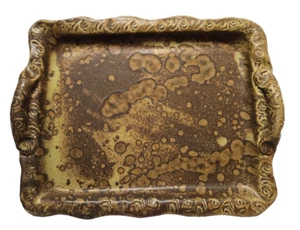 BANDEJA DE GRES CERÁMICA ESMALTE MOTEADO ASAS RÚSTICAS 12" X 9,5", Firmada - Imagen 1 de 7