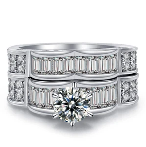 R091 Women Jewelry 18K White Gold GP Engagement Wedding Bridal Band Ring Set - Imagen 1 de 6