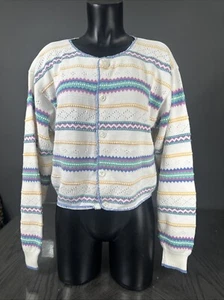 Lizwear Cropped Cardigan Women Size Medium Striped Knit White Vintage 90s VGC - Picture 1 of 10