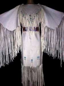 Women Native American Buckskin Leather Long Wedding Dress Pow-Wow White Dress