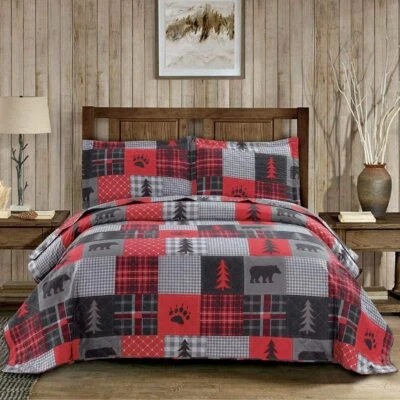 Red Black Gray Bear Pine Lodge Plaid 3pc Quilt Set Twin Full Queen King Coverlet - Image 1 of 4