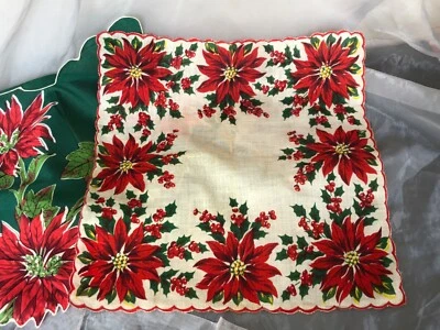VINTAGE Handkerchiefs Christmas Hankies Holiday Poinsettia Handkerchief Lot - Image 1 of 4