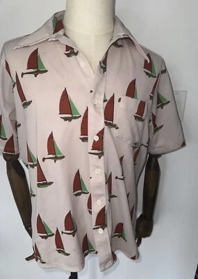 Vtg Men's 70s Sz XL L Sailboat Nautical Yacht Rock Polyester Shirt Tiki Oasis - Image 1 of 4