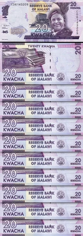 Malawi 20 Kwacha 2020, UNC, 10 Pcs LOT, Consecutive, P-New Sign Cover