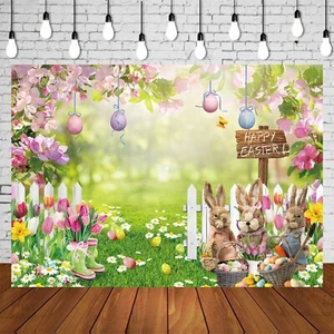 Telón de fondo de Pascua primavera conejito de Pascua jardín huevos coloridos fondo de fotografía - Imagen 1 de 9