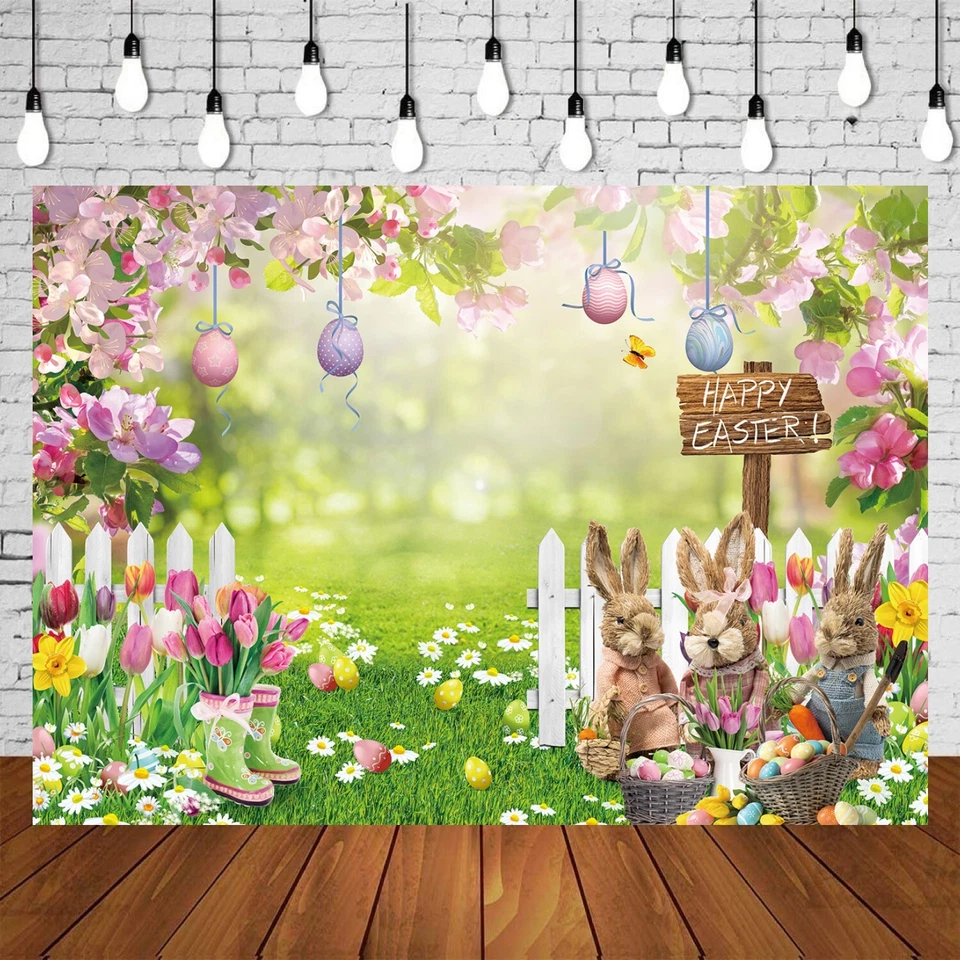 Telón de fondo de Pascua primavera conejito de Pascua jardín huevos coloridos fondo de fotografía Foto 1 de 4