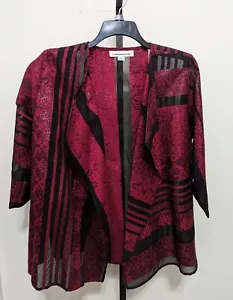 Caroline Rose Black/Burgundy Sheer Striped Ruched-Collar Open Jacket Size L $225 - Picture 1 of 8