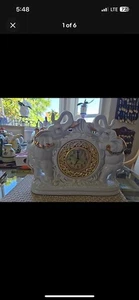Vintage Elephant Clock White & Gold Lucky Trunks Up 9.5" x 13" Working Clock - Picture 1 of 6