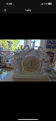 Vintage Elephant Clock White & Gold Lucky Trunks Up 9.5" x 13" Working Clock - Image 1 of 4