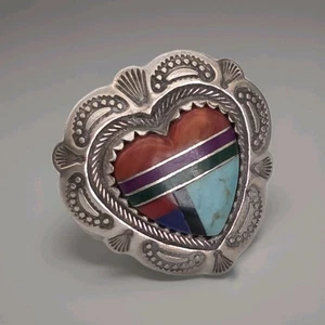 QT Quoc Turchese 925 Taglia 6 Argento Sterling Gemme Miste Intarsiato Cuore Concho Nativo - Foto 1 di 8