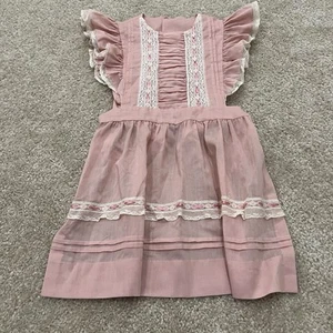 Vintage Kids Dress Apron Pink Side Tie Back Button Ruffle Lace Hand Made - Picture 1 of 9