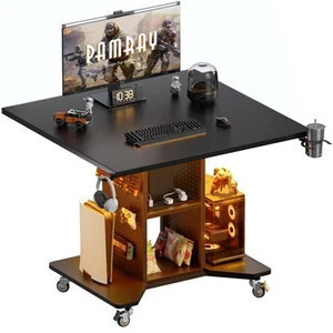 Small Rolling Gaming Desk with Led Lights Power Outlets and Storage Pegboard,... - Picture 1 of 6