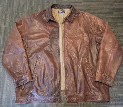 复古 Ralph Lauren Polo 男式棕色皮革夹克 2XL 高缺失拉链头 — 第 1/4 张图片