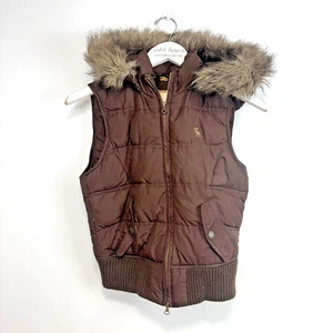 Abercrombie Puffer Vest Down Full Zip Brown Sleeveless Faux Fur Hood Y2K 2000s - Picture 1 of 7