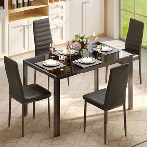 Gizoon Piece Glass Dining Table Set Kitchen Chairs 4 PU Leather Modern Room Sets - Picture 1 of 9