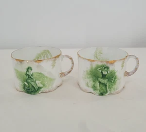 2er Set - Antike RC Rosenthal Monbijou Printemps Green Lady German China Tassen - Bild 1 von 16