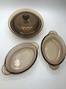 CORNING VISION WARE AMBER 24 OZ. CASSEROLE DISH WITH LID 2 Oval Casserole Dishes - Picture 1 of 7