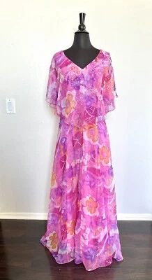 Vestido Vintage Haz’ls California Gasa Floral Rosa Volantes Lentejuelas Talla 14 Hada Foto 1 de 3