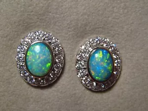 Large Opal Diamond Stud Earrings , Solid 18k White gold , 14 x 12 mm - Picture 1 of 11